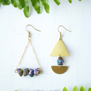 Asymmetrical brass and stone earrings